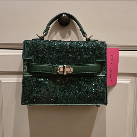NWT Betsey Johnson Emerald Green Rhinestone Buckle Strap Purse - Picture 3 of 14